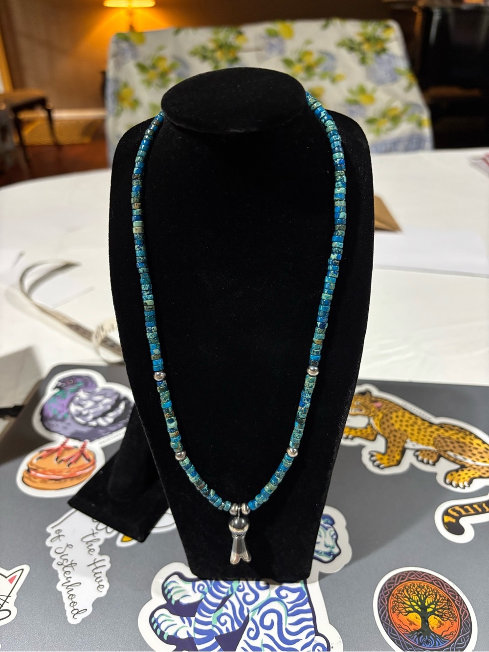 Turquoise Beaded Women's Necklace with Silver Pendant